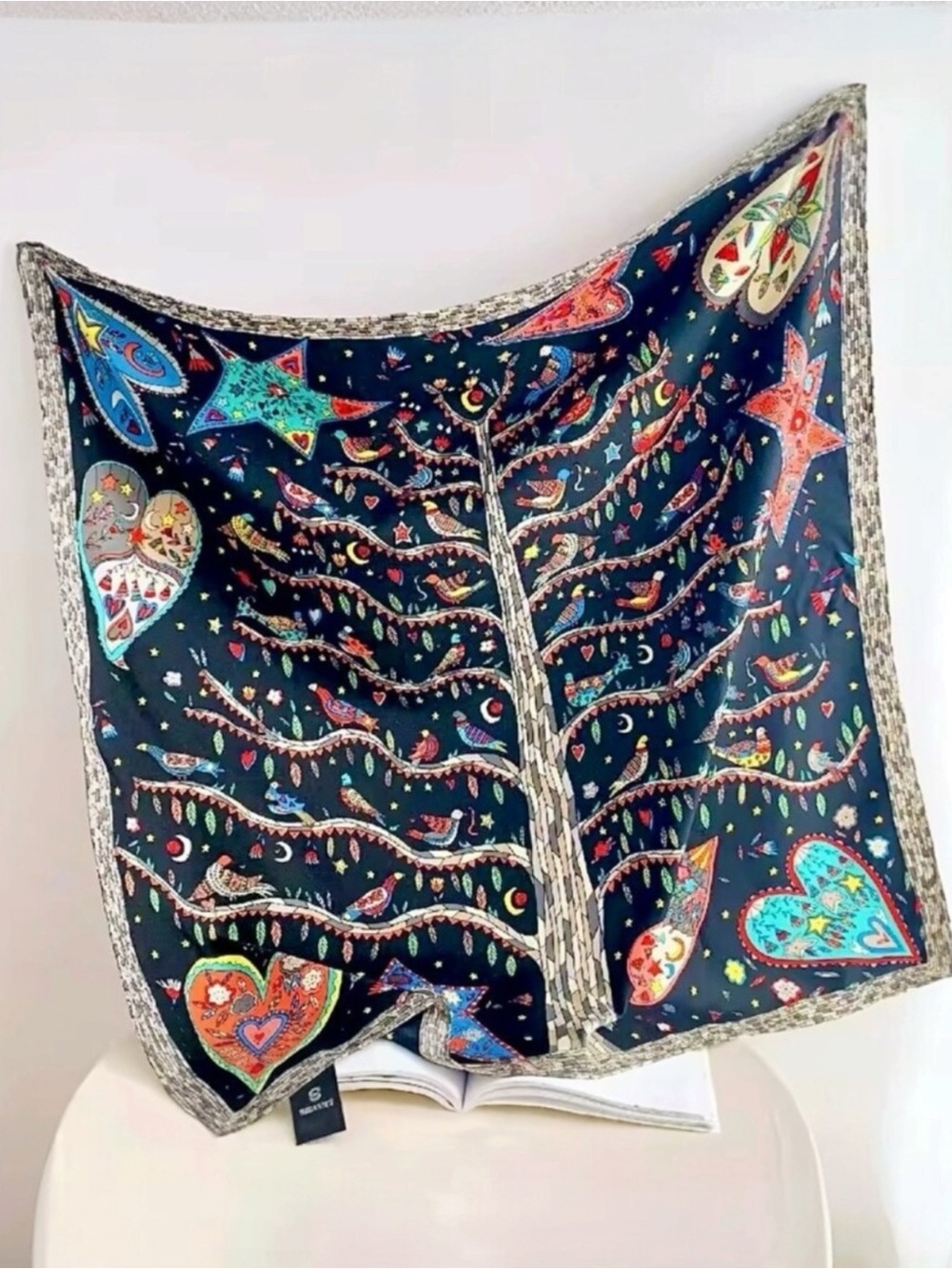 Square Scarf Silk Satin Whimsical Print Tree Birds Heart Neck Hair Accessory